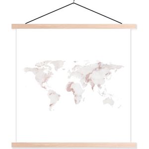 Posterhanger incl. Poster 90x90 cm - Schoolplaat - Wereldkaart - Wit - Roze - Textielposter - Blanke latten