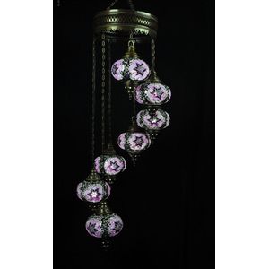 Turkse Lamp - Hanglamp - Mozaïek Lamp - Marokkaanse Lamp - Oosters Lamp - ZENIQUE - Authentiek - Handgemaakt - Kroonluchter - Paars - 7 bollen