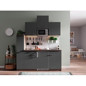 Goedkope keuken 180  cm - complete kleine keuken met apparatuur Oliver - Donker eiken/Grijs - elektrische kookplaat  - koelkast  - magnetron - mini keuken - compacte keuken - keukenblok met apparatuur