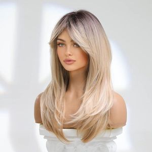 Blonde Pruiken Voor Vrouwen Natuurlijk Haar Medium Lengte Licht Gouden Pony Hittebestendige Vezel Pruiken Voor Dagelijkse Party Cosplay