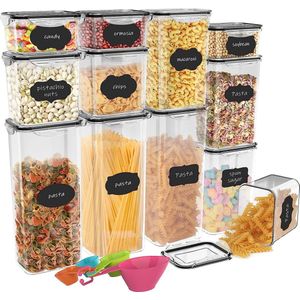 Voorraadpotten Set van 12 luchtdichte keukencontainers van kunststof BPA-vrije graancontainers met markeersticker Voedselcontainer voor granen, koekjes, suiker en noten