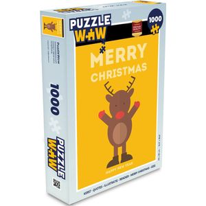 Puzzel Kerst - Quotes - Illustratie - Rendier - Merry Christmas - Geel - Legpuzzel - Puzzel 1000 stukjes volwassenen - Kerst - Cadeau - Kerstcadeau voor mannen, vrouwen en kinderen