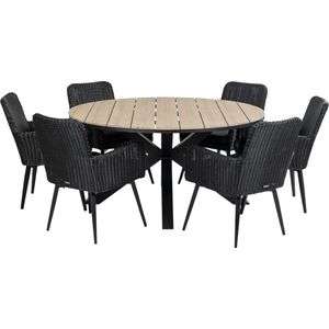 7-delige ronde tuinset | 6 Pisa tuinstoelen (Black) | ⌀150cm Cyprus tuintafel (Wood)