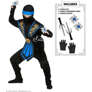 Widmann - Ninja & Samurai Kostuum - Meedogenloze Draken Ninja Met Wapens Kind Blauw - Jongen - Blauw, Zwart - Maat 140 - Carnavalskleding - Verkleedkleding
