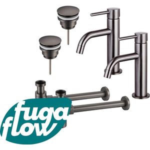 FugaFlow Eccelente Sobrado Badkamer Slim Wastafelkraanset - voor dubbele wastafel - lage wastafelkraan - klikwaste plug - design sifon - PVD Gepolijst Gunmetal
