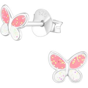 Joy|S - Zilveren vlinder oorbellen - roze wit met glittertjes - 6 x 5 mm - kinderoorbellen