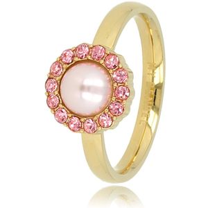 My Bendel - Ring goud met zirkonia steentjes en roze parel - Gouden ring met een ronde roze parel versierd met zirkonia steentjes - Met luxe cadeauverpakking