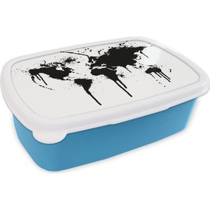 Broodtrommel Blauw - Lunchbox - Brooddoos - Wereldkaart - Inkt - Zwart - Wit - Kinderen - Jongens - Meisjes - 18x12x6 cm - Kinderen - Jongen