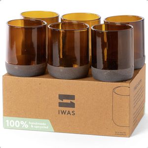 IWAS Set van 6 Waterglazen - 250ML Gekleurd Drinkglas - Upcycled uit Bierflesjes - Gin, Whiskey, Cocktail of Bier - Vaatwasserbestendig - Auburn