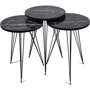 Artiva Bijzettafels - Salontafels - Salontafel Zwart Marmerlook - Bijzettafel Zwart - Set van 3 - Luxe Design - 34X34 cm - Salontafel Rond - Salon Tafel