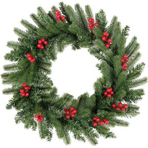 Uten Luxe Uitvoering kerstkrans - Ø 50cm - Incl 12 Rode Besjes - 120 takken - Groen