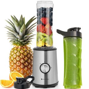 KitchenBrothers Mini Blender - Blender to Go - Smoothie Maker - 2 To-Go Bekers 600 ml - RVS