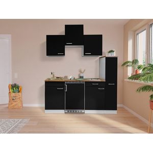 Goedkope keuken 180  cm - complete kleine keuken met apparatuur Luis - Wit/Zwart - keramische kookplaat  - koelkast  - mini keuken - compacte keuken - keukenblok met apparatuur