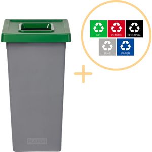 Plafor Fit Bin, Prullenbak voor afvalscheiding - 75L – Grijs/Groen - Inclusief 5-delige Stickerset - Afvalbak voor gemakkelijk Afval Scheiden en Recycling - Afvalemmer - Vuilnisbak voor Huishouden, Keuken en Kantoor - Afvalbakken - Recyclen