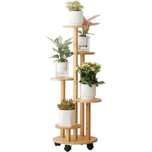 Bamboe Bloemenstandaard met Wielen - Hoge en Lage Bloempotstandaard - Pothos Bloemenrek voor Woonkamer en Balkon - Indoor Plantenstandaard met Rollen