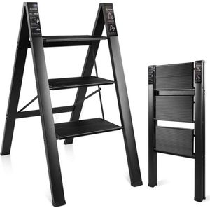 3-traps ladder, praktische vouwladder, brede treden, te gebruiken als plank, 150 kg draagvermogen, zwart