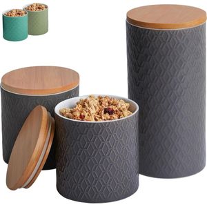 Storage Jars with Airtight Bamboo Lid - 3-Piece Ceramic Jar - Dishwasher Safe - for Coffee Sugar Cereal - Grey
