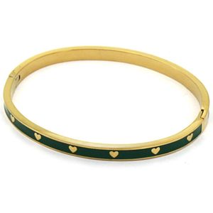 Armband Dames - Bangle Harten - RVS - One Size - Goudkleurig en Groen