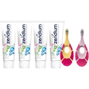 Zendium Kids Tandpasta - 4 x 75 ml + 2 x Jordan Tandenborstel Step By Step 0-2 jaar Roze