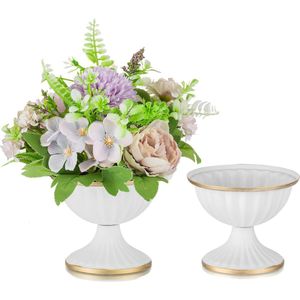 Kleine metalen bruiloft middenstukken urn vaas - 2 stuks witte bloemenvaas bloempot voor bruiloft centrepiece tafels, trompet vaas voor tuin feest eettafel verjaardag bruiloft decoratie verloving