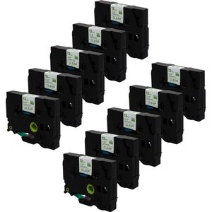 DULA Brother Compatible label tape- Tze-136 - 10 cassettes - Brother P-Touch - Groen op transparant - 12mm x 8m