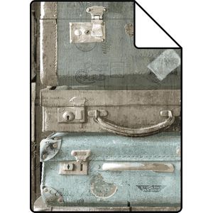 Proefstaal ESTAhome behang vintage koffers zeegroen en bruin - 138214 - 26,5 x 21 cm