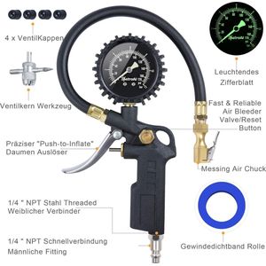 Bandenpomp, luchtdrukmeter, 3-in-1, mechanische bandenspanningsmeter, 12bar/170psi, met ventielkerngereedschap, bandenspanningsmeter voor auto's, fietsen, motorfietsen, vrachtwagens