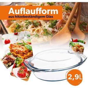 Ovenschaal van hittebestendig glas, ovenschaal met deksel en handgrepen, klassieke glazen vorm, transparant, lasagne schaal, ovenschalen (ovaal, 2,9 L)