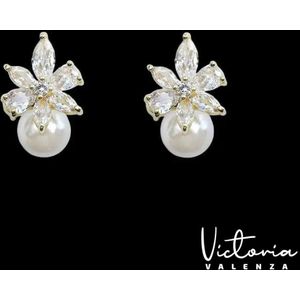 Victoria Valenza Perla Luxe Oorbellen Dames Messing Oorhangers Dames Oorringen Witte Steen Oorbellen - Goud kleurig - 1 Paar