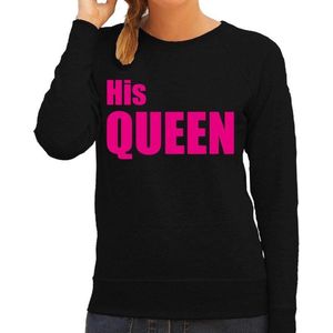 His queen sweater / trui zwart met roze letters voor dames - geschenk - bruiloft / huwelijk  fun tekst truien / grappige sweaters voor koppels XL