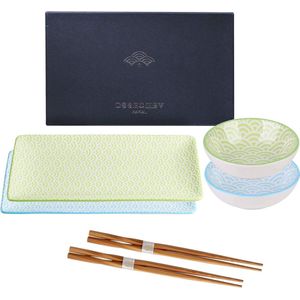 Haruka Porselein Japanse Stijl Nippon Zwart Sushi Set - 2 Platen - 2 Dip Bowls - 2 Paar Eetstokjes - Geschenkdoos - Sushi Gift Set - 6 Stuks - Groen Blauw