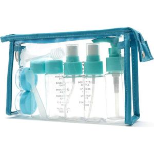 Toilettas, transparant, 1 liter, met reisflessen om te vullen, ideaal voor handbagage, vloeistoffen in het vliegtuig, reisset, cosmetica, vloeibare tas, 1x toilettas incl. reisflessen