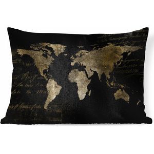 Sierkussens - Kussen - Koperkleurige wereldkaart met koperkleurig schuinschrift op zwarte achtergrond - 60x40 cm - Kussen van katoen