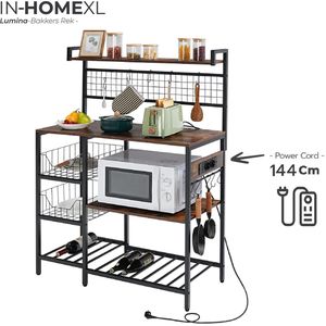 IN-HOMEXL Keukenkast Lumina - Keukentrolley - Opbergrek - Bakkersrek met stopcontact - Industrieel - Hout/Metaal - 90x40x132 cm