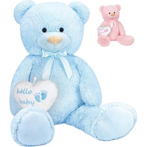 BRUBAKER - XXL teddybeer 100 cm met Hello Baby Hart - Babyshower cadeau voor pasgeborenen jongens - knuffeldier knuffeldier pluche dier - blauw lichtblauw