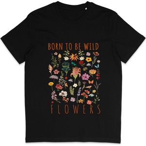 Grappig Dames Heren T Shirt - Born To Be Wild Bloemen Print en Tekst - Zwart - S