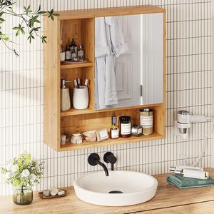 Spiegelkast voor badkamer - spiegelkast met deuren - badkamerkast met spiegel - hangkast - badkamerspiegel - wandkast met 3 planken - bamboe - 55 -4 x 16 x 61 -2 cm