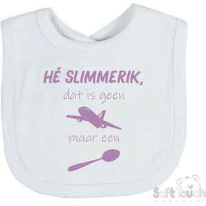 Soft Touch Slabber Slabbetje Slab ""He slimmerik, dat is geen vliegtuig maar een lepel"" Unisex Katoen Wit/lila Maat 33x22 Cm