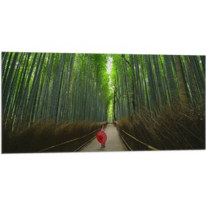 WallClassics - Vlag - Bamboe Bomen met Japanse Paraplu - 100x50 cm Foto op Polyester Vlag