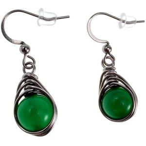 35mm Lange Oorbellen Dames - RVS - Haakoorbellen met Groene Kattenoogsteen - Visgraat Desing - Handgemaakt