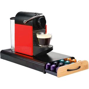 Luxe Capsule Houder met Lade - Espresso Koffie Pad en Cups Houder - 40 Capsules - RVS - Zwart Met Bamboe