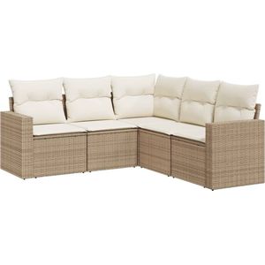 vidaXL - 5-delige - Loungeset - met - kussens - poly - rattan - beige