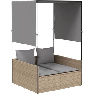 vidaXL - Ligbed - tweepersoons - met - dak - en - gordijn - poly - rattan - beige