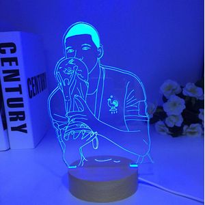 Voetbal Ster Kylian Mbappe Houten 3D Lamp 7 Kleuren Nachtkastje Slaapkamer Led Usb Nachtlampje Thuis Decoratie Cadeau Speelgoed