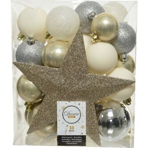 Decoris kerstballen set - 34-dlg - champagne/zilver/wit - incl. piek - kunststof - kerstversiering