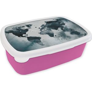 Broodtrommel Roze - Lunchbox - Brooddoos - Wereldkaart - Abstract - Waterverf - 18x12x6 cm - Kinderen - Meisje