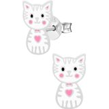 Oorbellen meisje | Zilveren kinderoorbellen | Zilveren oorstekers, witte kat met roze details