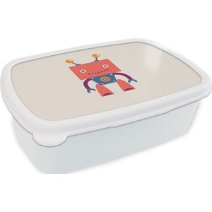 Broodtrommel Wit - Lunchbox - Brooddoos - Robot - Tandwiel - Gezicht - Antenne - Kids - Jongetjes - 18x12x6 cm - Volwassenen