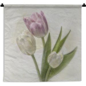 Wandkleed Tulpen - Roze en witte tulpen op een witte achtergrond Wandkleed katoen 150x150 cm - Wandtapijt met foto