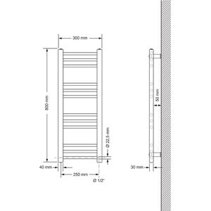 Elektrische badkamerradiator met verwarmingselement 600W 300x800 mm antraciet recht met zijaansluiting LuxeBath